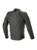 Alpinestars Caliber læderjakke, sort, set bagfra, førsteklasses læderkonstruktion, akkordeon-strækpaneler på skuldre og albuer, eksterne DFS-skulderslidere, præget Alpinestars-logo nederst på ryggen