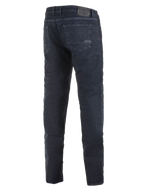 Alpinestars Copper Out V2 Riding Denim, motorcykeljeans, Rinse Plus Blue, set bagfra med regular straight fit, lædermærke på linningen, mørkvasket denim til urban kørsel på vej