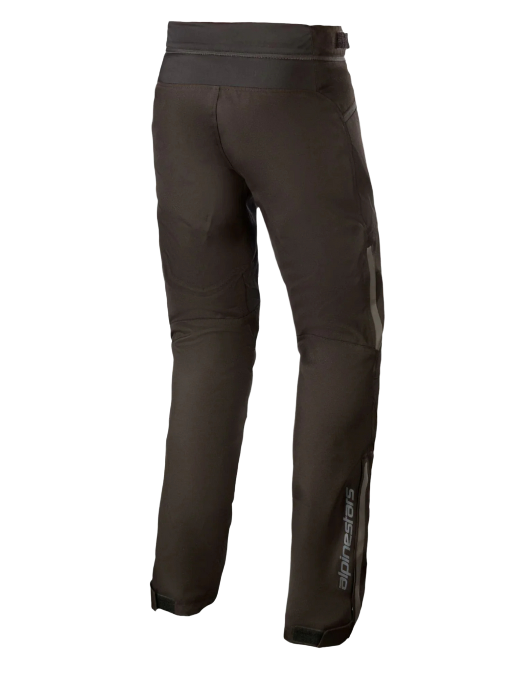 Alpinestars AST-1 V2 Waterproof Pants Long, Black textile motorcycle pants, rear view showing reflective detailing and vertical branding on the lower leg, durable all-weather riding gear