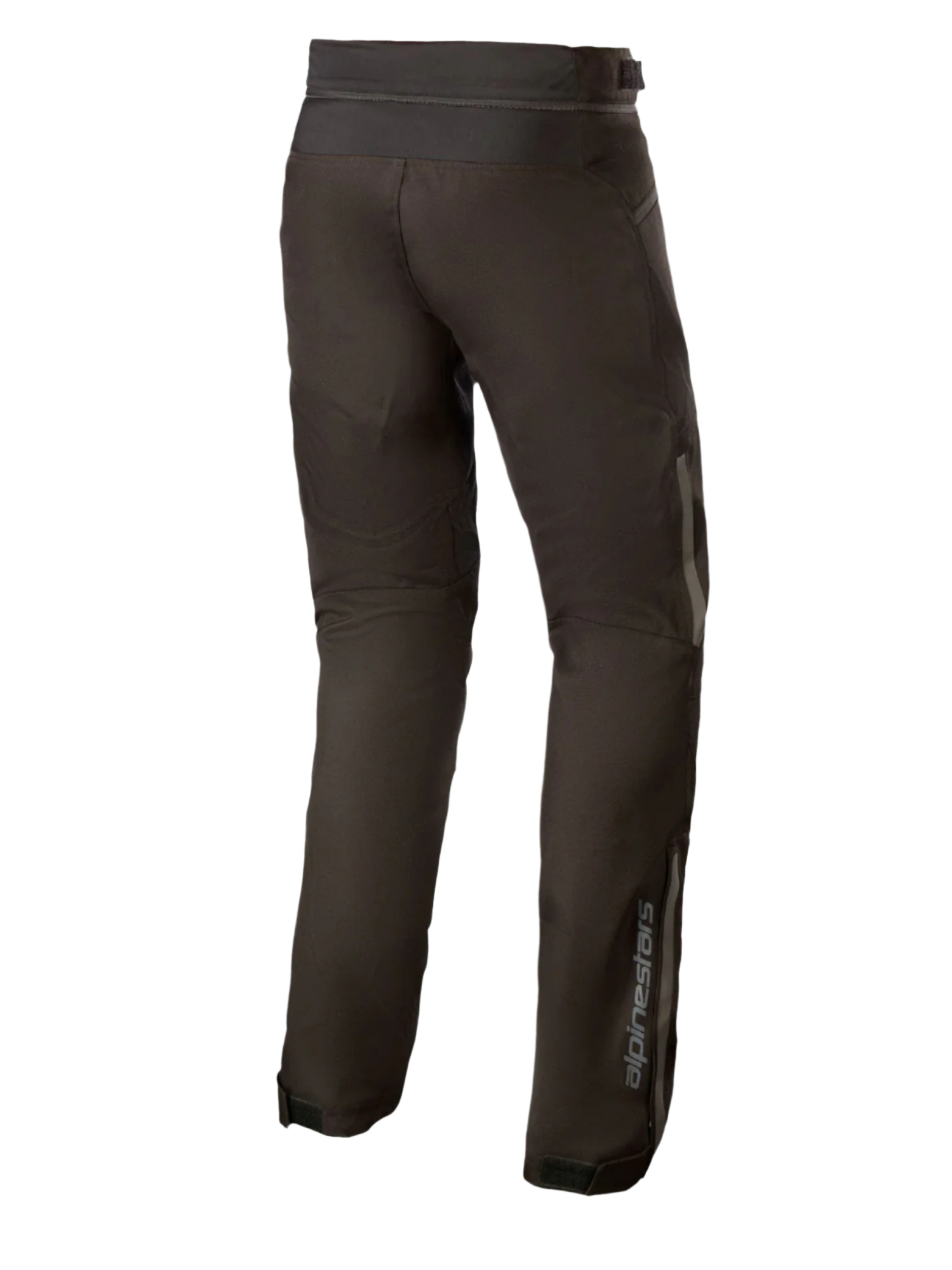 Alpinestars AST-1 V2 Waterproof Pants Long, Black textile motorcycle pants, rear view showing reflective detailing and vertical branding on the lower leg, durable all-weather riding gear