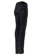 Alpinestars Stella Callie Denim, motorcykelbukser til damer, Black Waxed, bag- og sideprofil med harmonika-strækpaneler i taljen og på knæene, slim fit med baglommer og logomærke