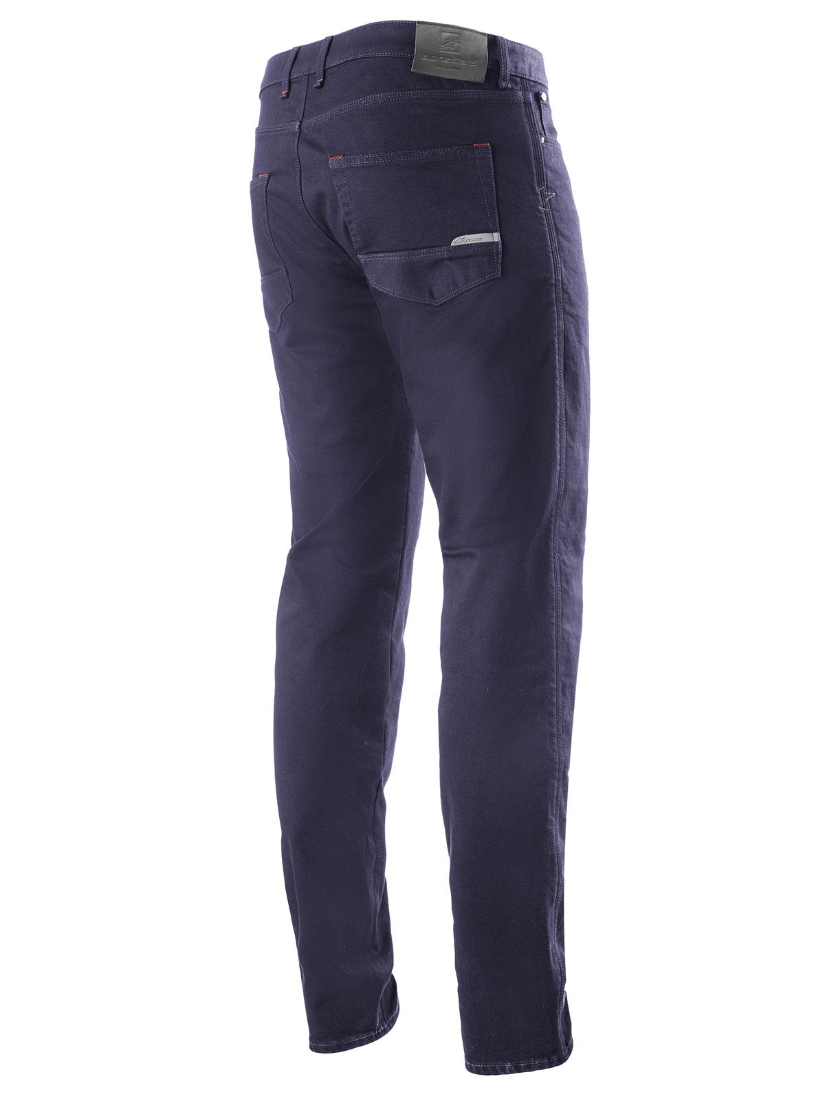 Alpinestars Copper V2 Denim Pants Short Length, Rinse Blue, set bagfra i trekvart profil, viser baglommer og læderpatch i taljen, urbane motorcykeljeans med et klassisk denim-look