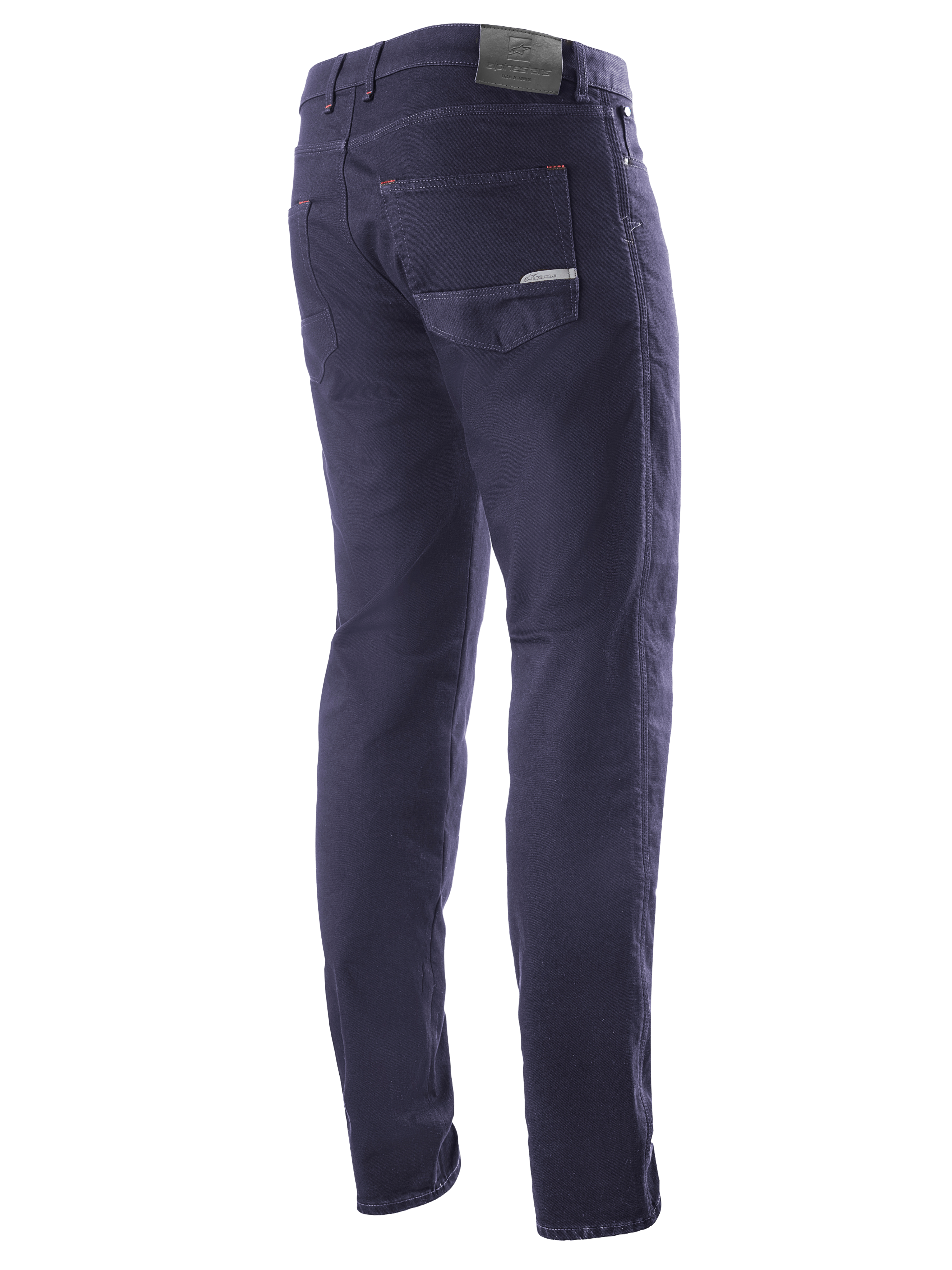 Alpinestars Copper V2 Denim Pants Short Length, Rinse Blue, set bagfra i trekvart profil, viser baglommer og læderpatch i taljen, urbane motorcykeljeans med et klassisk denim-look