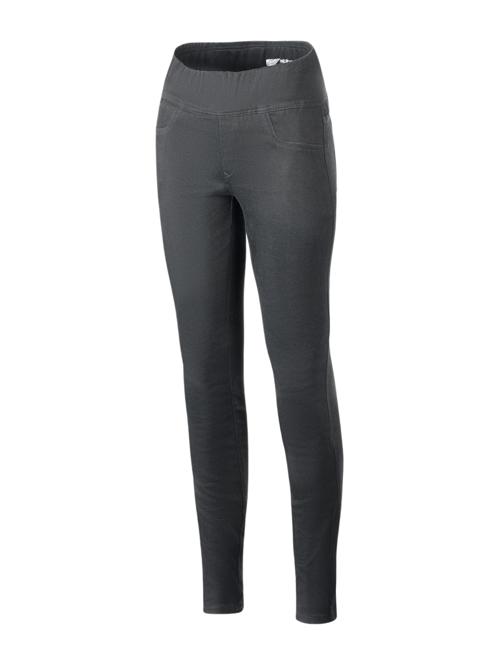 Alpinestars Shuri dameleggings til sommer, sort, højtaljede slim-fit motorcykel-leggings med bred elastisk linning, strækbart bomuldsdenim-materiale, dekorative syninger ved forlommerne, urbane køreleggings til kvinder