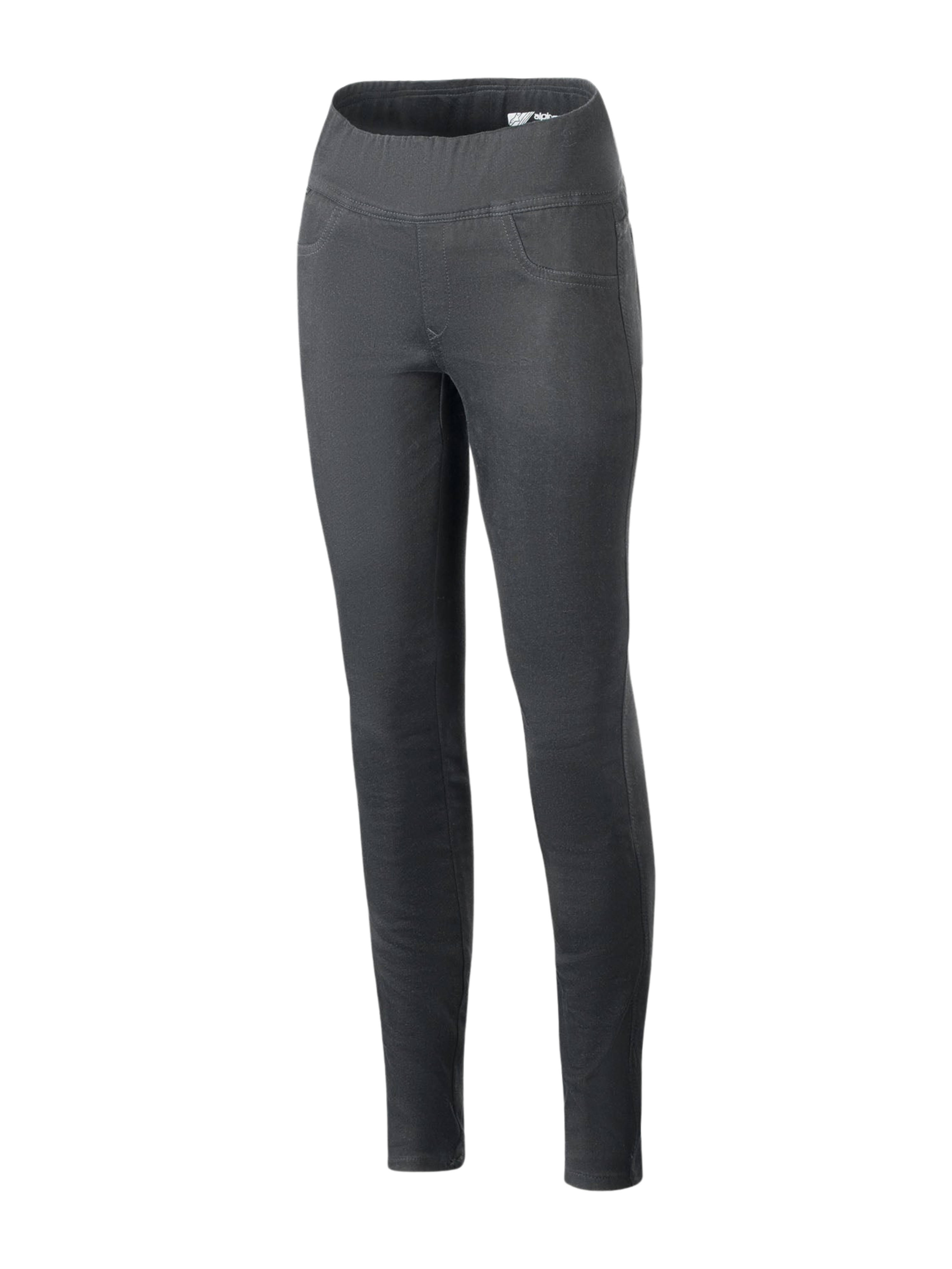 Alpinestars Shuri dameleggings til sommer, sort, højtaljede slim-fit motorcykel-leggings med bred elastisk linning, strækbart bomuldsdenim-materiale, dekorative syninger ved forlommerne, urbane køreleggings til kvinder