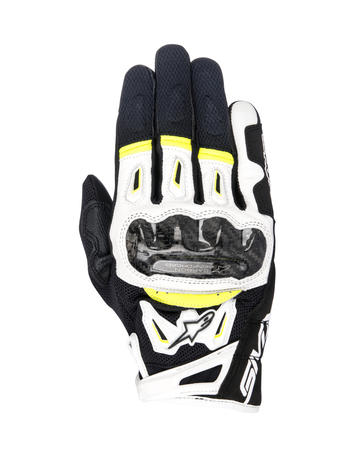 Alpinestars SMX-2 Air Carbon V2 handsker, motorcykelhandsker, sort, hvid og gul fluo, med knobeskyttere i kulfiber, 3D-mesh og læderkonstruktion, sporty vejrudstyr med fluorescerende detaljer