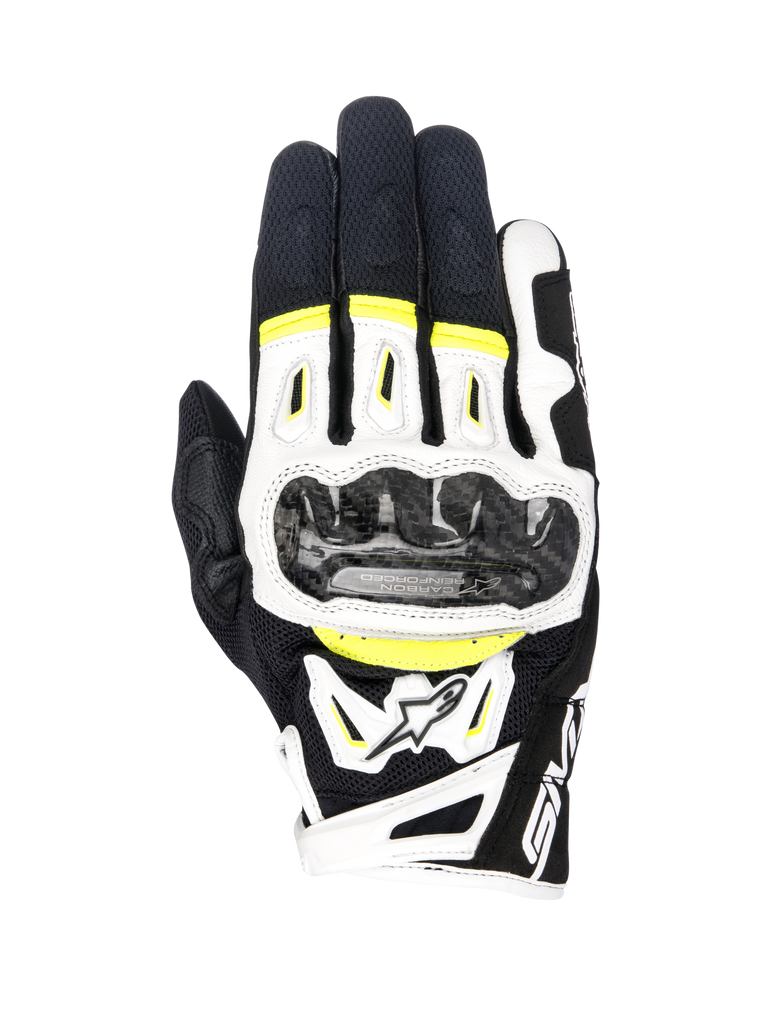 Alpinestars SMX-2 Air Carbon V2 handsker, motorcykelhandsker, sort, hvid og gul fluo, med knobeskyttere i kulfiber, 3D-mesh og læderkonstruktion, sporty vejrudstyr med fluorescerende detaljer