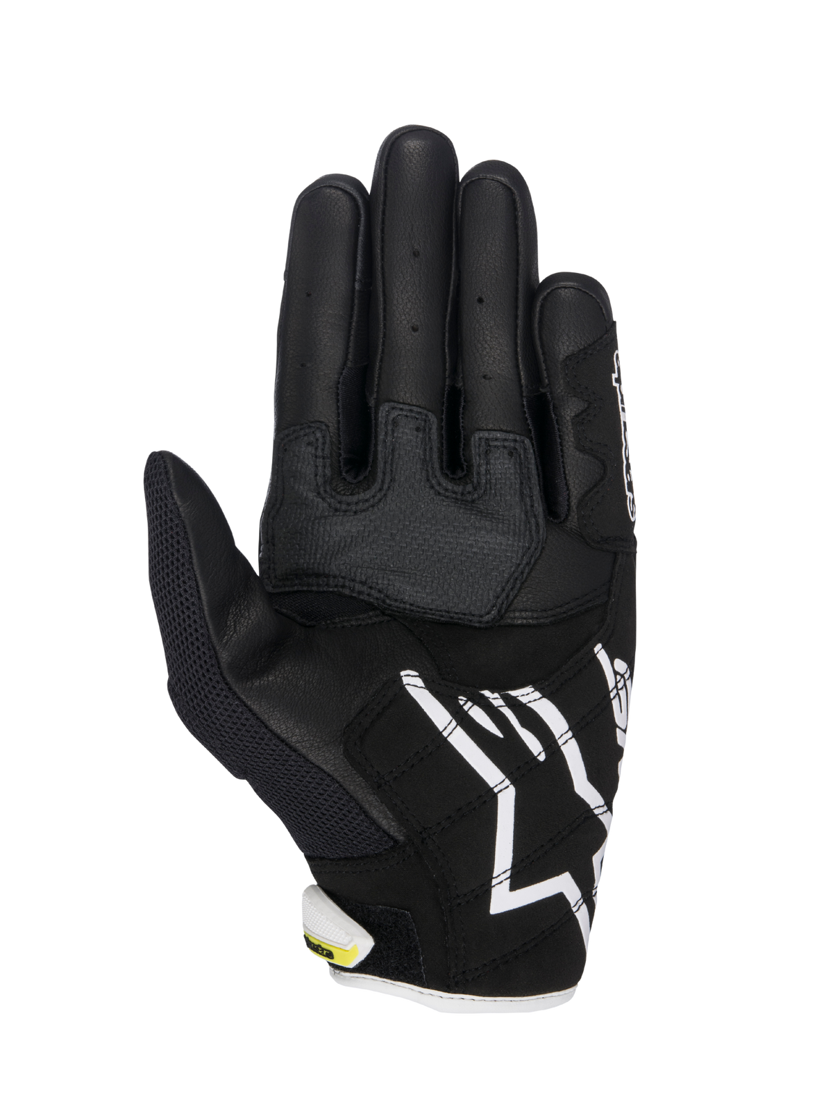 Alpinestars SMX-2 Air Carbon V2 handsker, motorcykelhandsker, sort og hvid med fluorescerende gule detaljer, håndfladevisning med læder- og 3D-mesh-konstruktion, forstærkede grebspaneler, hvidt Alpinestars-logo på manchetten