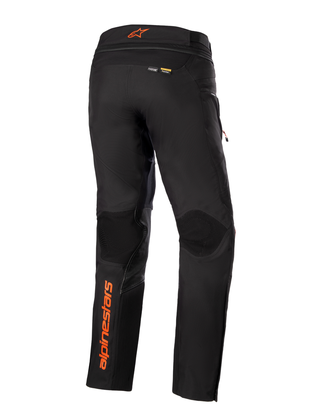 Alpinestars AMT-10R Drystar® XF bukser, sorte med orange detaljer, set bagfra med lodret orange Alpinestars-logo på venstre ben, teksturerede knæpaneler og Kevlar- og Matryx-branding, tekniske adventure touring motorcykelbukser