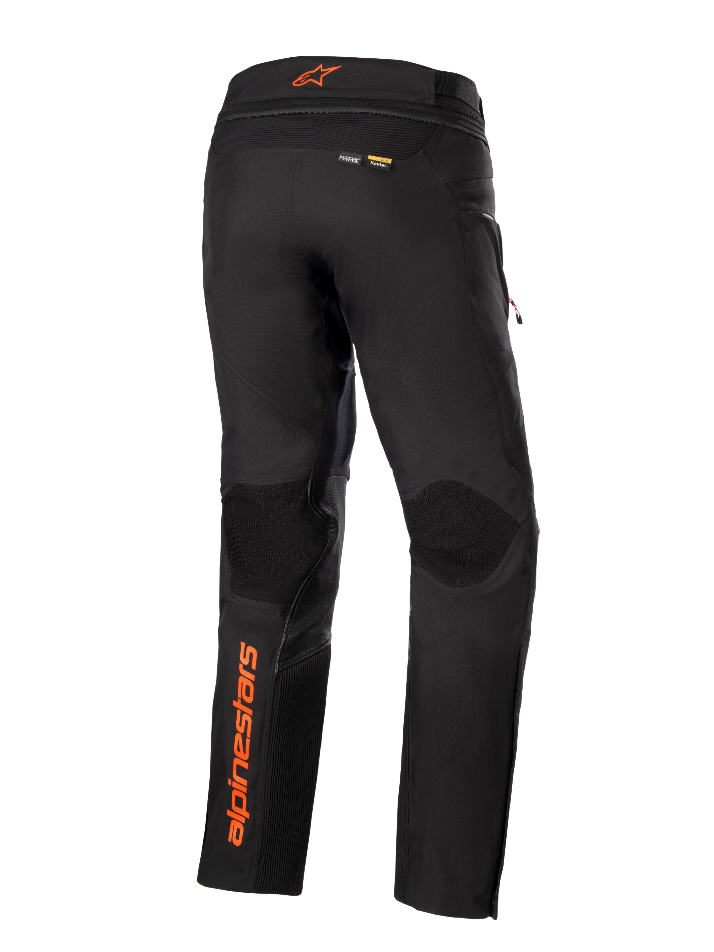 Alpinestars AMT-10R Drystar® XF bukser, sorte med orange detaljer, set bagfra med lodret orange Alpinestars-logo på venstre ben, teksturerede knæpaneler og Kevlar- og Matryx-branding, tekniske adventure touring motorcykelbukser
