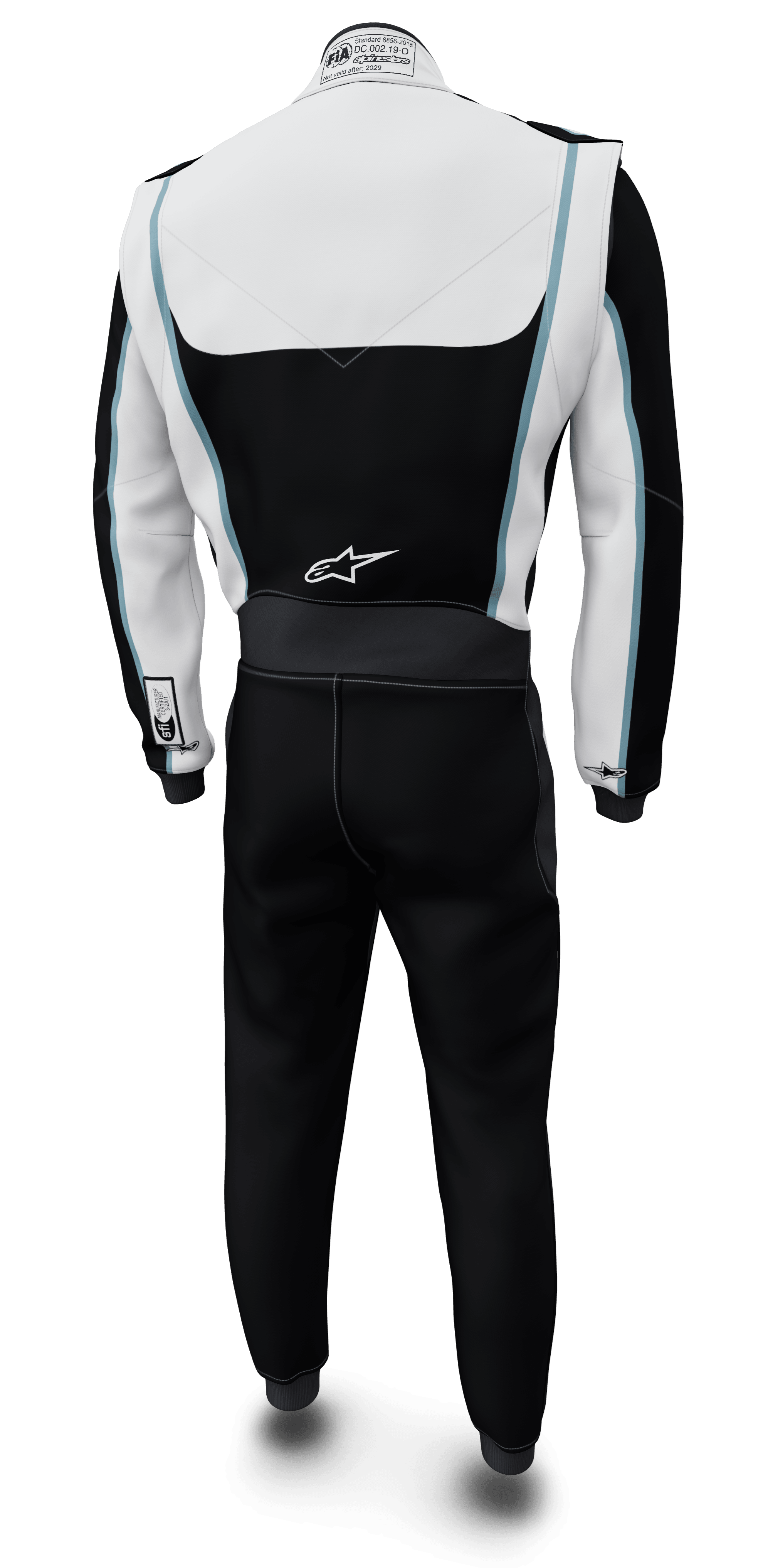 Alpinestars Tech Vision V3 Made To Measure Custom Suit, Auto Racing, Black and White, Nomex, FIA/SFI certified, back view.