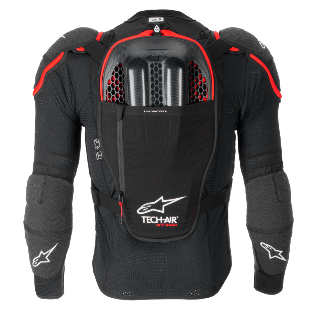 Tech-Air® Off-Road motorcykel-airbag set bagfra i sort og rød med Nucleon CELL-rygbeskytter og væskelomme.