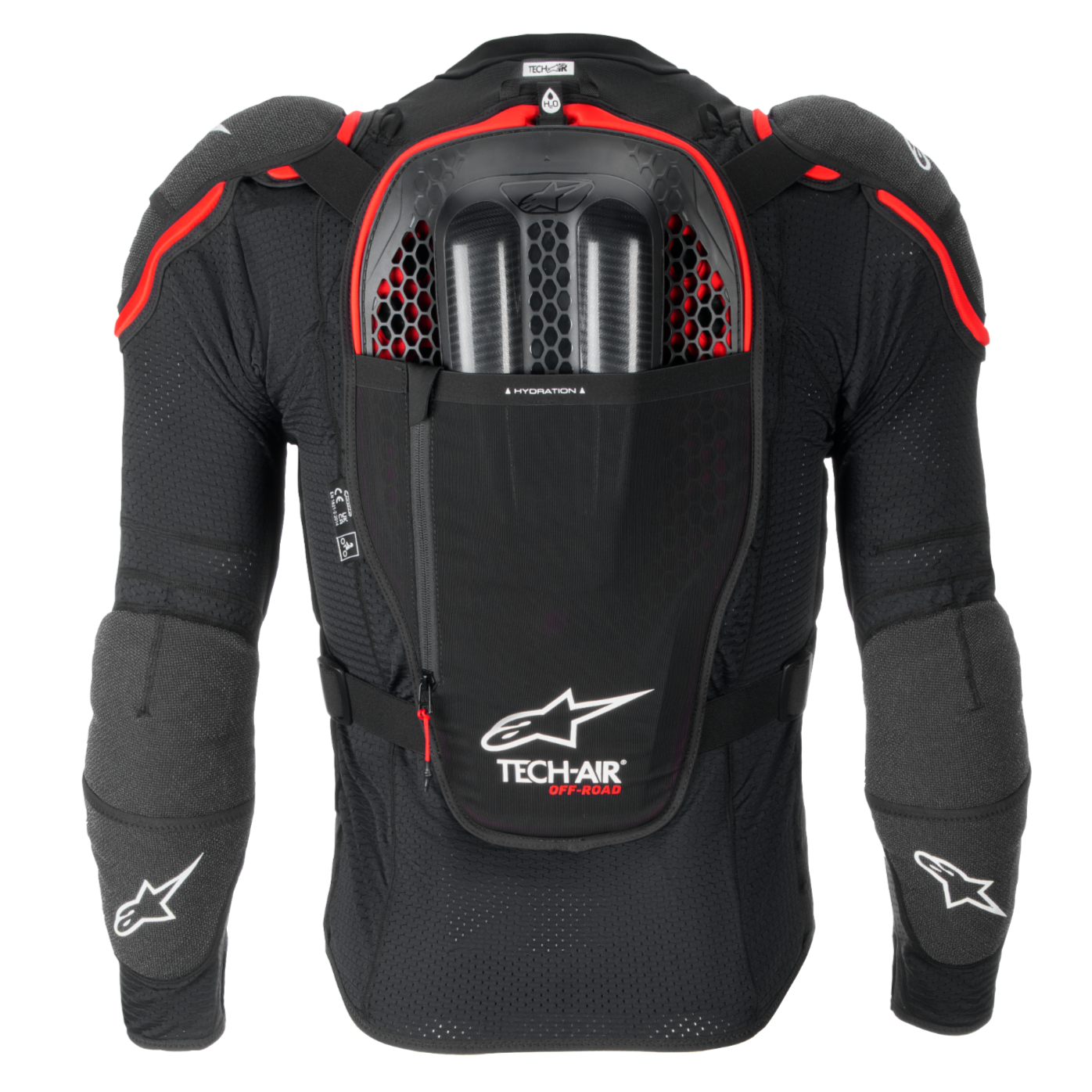 Tech-Air® Off-Road motorcykel-airbag set bagfra i sort og rød med Nucleon CELL-rygbeskytter og væskelomme.