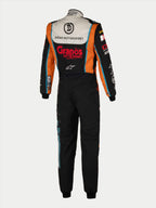 Alpinestars Tech Vision V3 Custom Suit, Rear view of a personalized auto racing suit, Black and Orange with White upper back, featuring custom 'Dörr Motorsport' and 'Grapos' sponsor logos, light blue accents, professional FIA/SFI certified racing gear