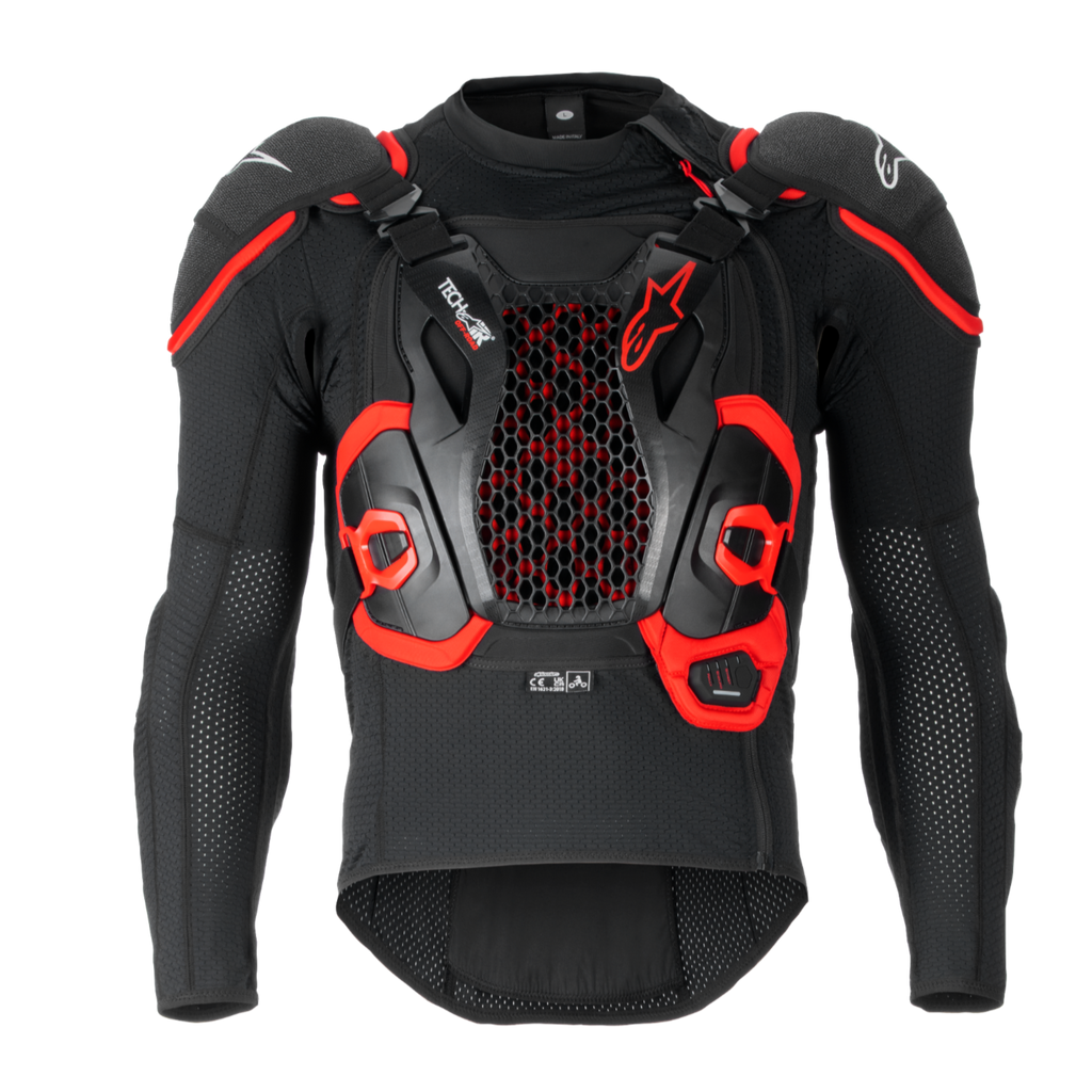 Tech-Air® Off-Road System, sort og rød airbag-beskyttelsesjakke med sekskantet mesh-brystpanel og polstrede skuldre.