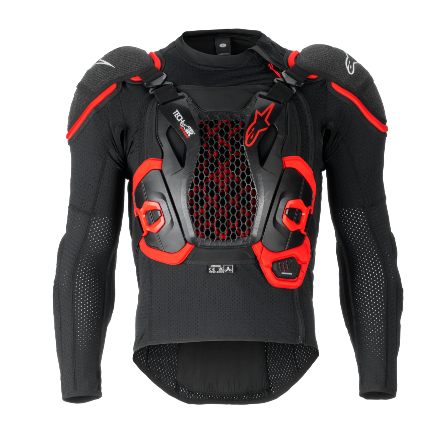 Tech-Air® Off-Road System, sort og rød airbag-beskyttelsesjakke med sekskantet mesh-brystpanel og polstrede skuldre.