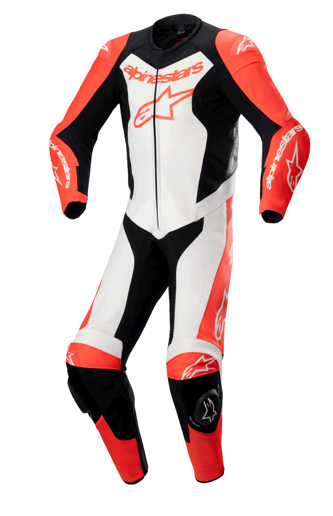 Alpinestars GP Force Lurv 1-delt læderdragt, professionel motorcykelracerdragt, rød fluo, hvid og sort, konstruktion i bovint læder med perforerede paneler, DFS Lite skulderbeskyttelse, knæ-sliders og fremtrædende Alpinestars-branding.
