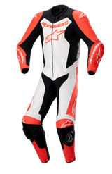 Alpinestars GP Force Lurv 1-delt læderdragt, professionel motorcykelracerdragt, rød fluo, hvid og sort, konstruktion i bovint læder med perforerede paneler, DFS Lite skulderbeskyttelse, knæ-sliders og fremtrædende Alpinestars-branding.
