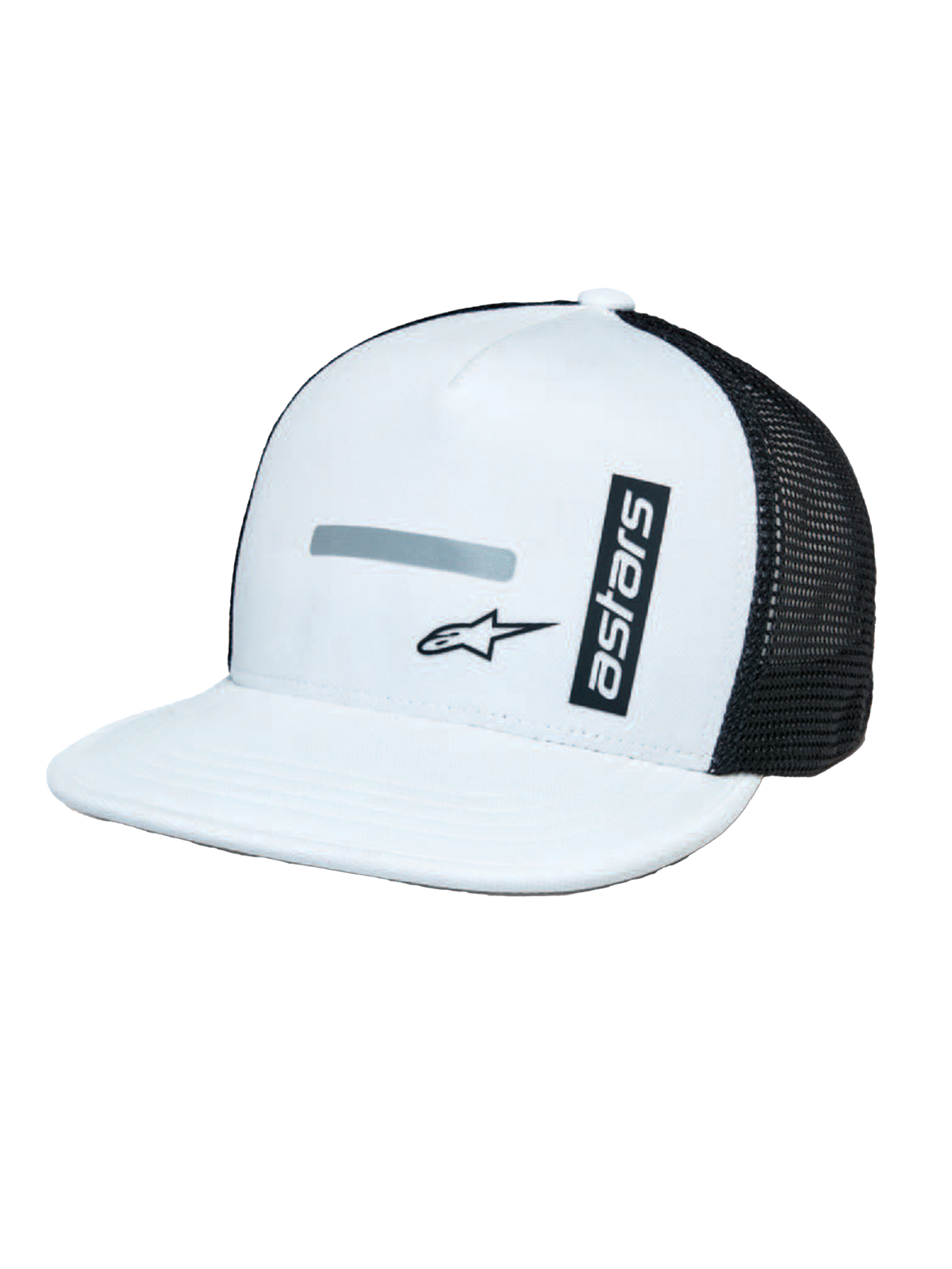 Alpinestars Alter Trucker Hat, hvid og sort, struktureret hvid krone og flad skygge, sorte mesh-paneler bagpå, lodret 'astars'-branding og reflekterende logoprint, afslappet motorsport-inspireret hovedbeklædning