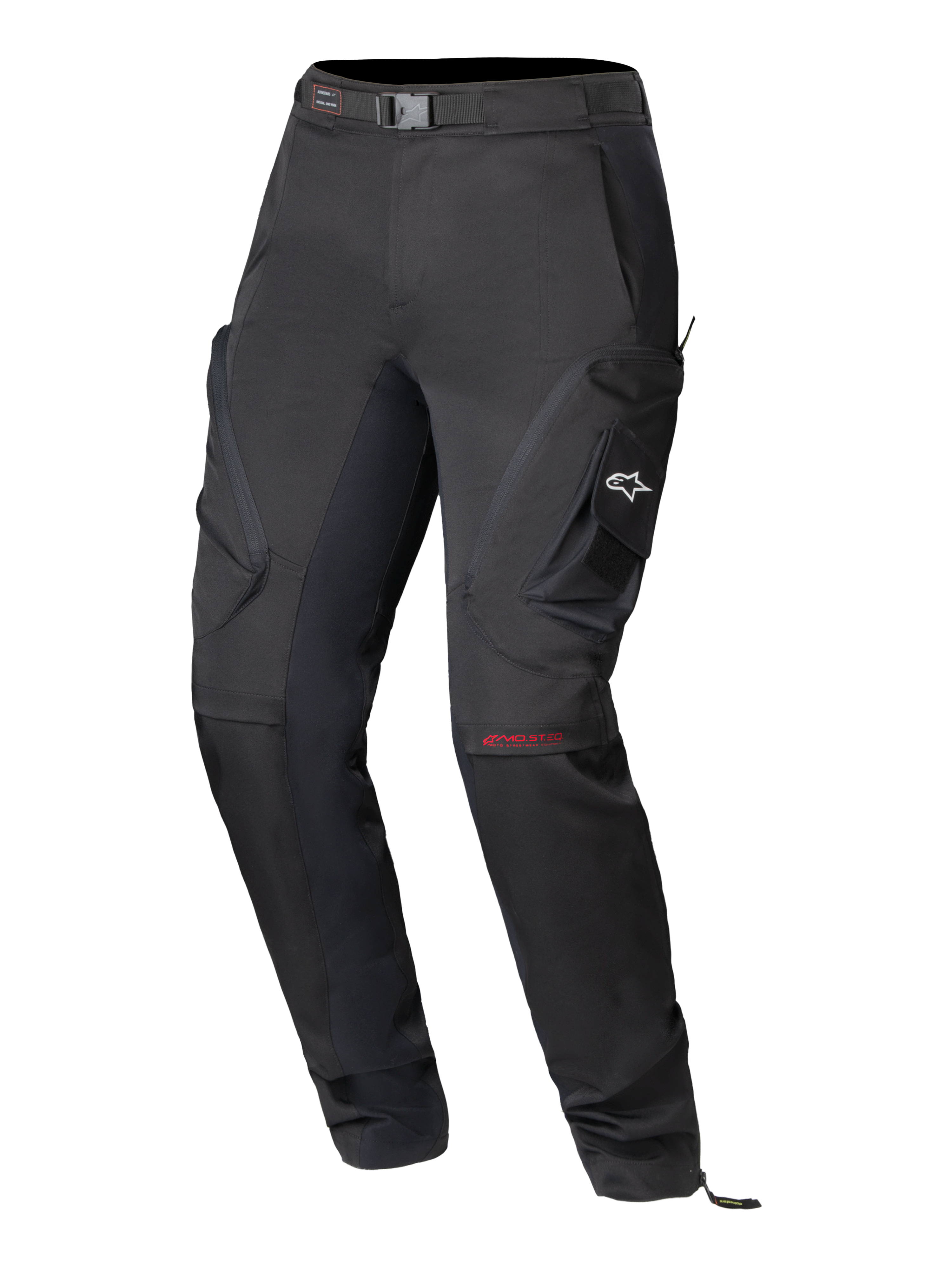 Alpinestars Actea bukser til damer, sorte motorcykelbukser, teknisk design til vejkørsel med cargo-sidelommer, hvidt A-star logo, rød MO.ST.EQ branding på knæet, integreret taljebælte og en moderne tilspidset pasform.