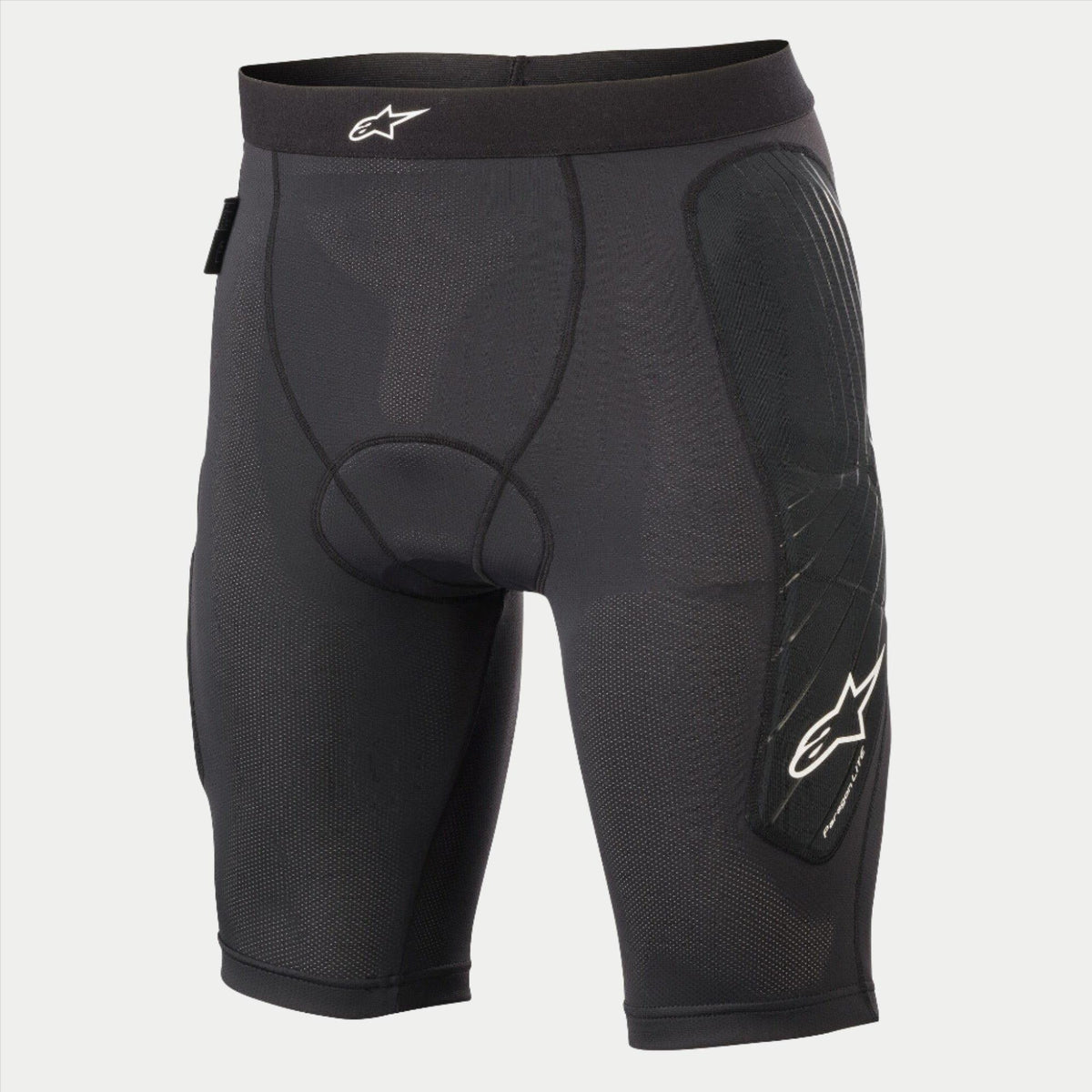 Alpinestars Youth Paragon Lite beskyttelsesshorts, cykelbeskyttelsesshorts, sort, med åndbart mesh-stof, integreret hoftepolstring, hvidt Alpinestars-logo på linningen og siden af benet, letvægts beskyttende undershorts til MTB