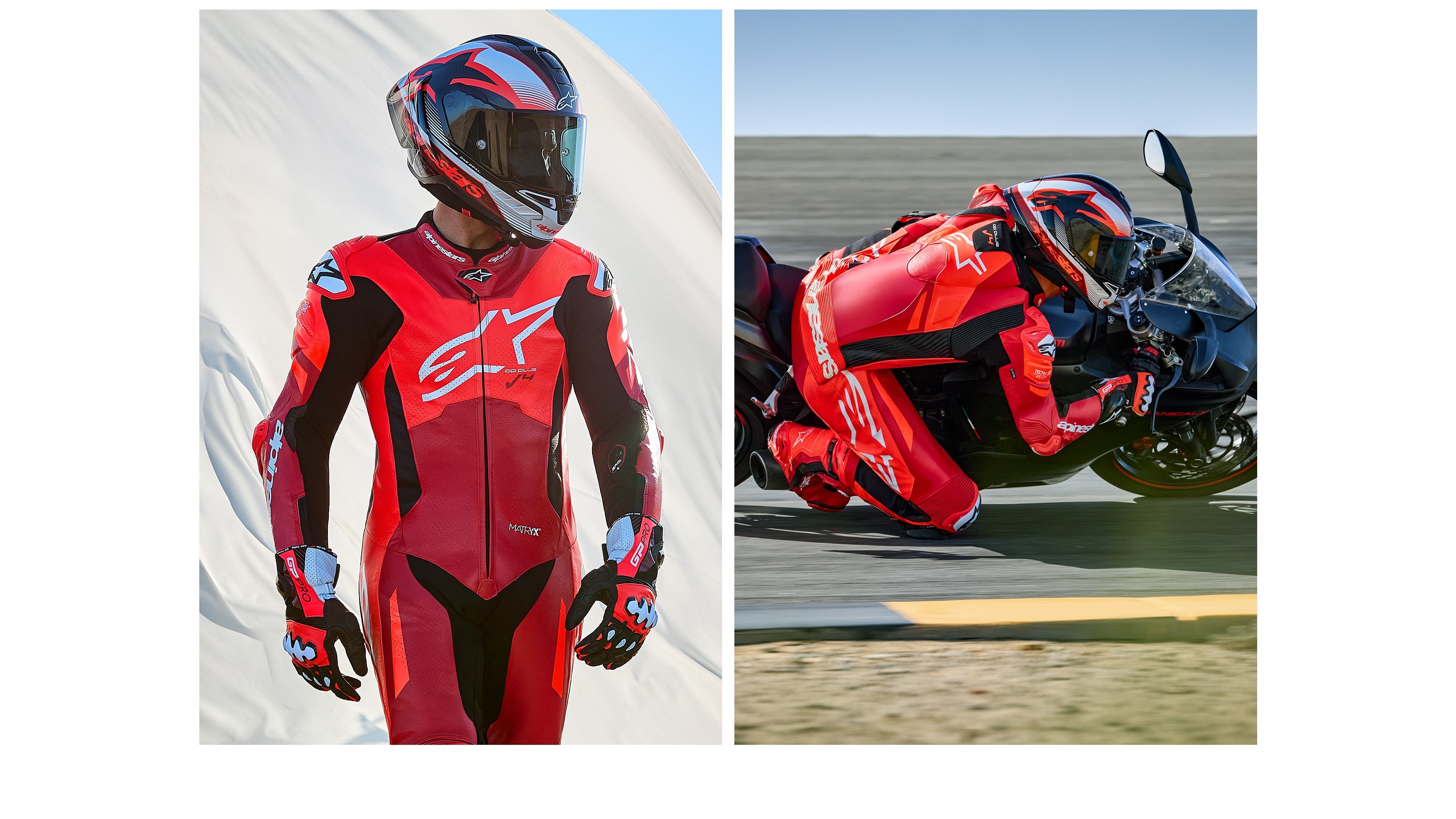 Alpinestars GP Plus V4 Sprint 1 Piece Leather Suit, Red Fluo and White men's racing suit with aerodynamic hump for track use.