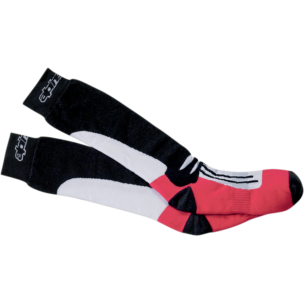 Alpinestars Road Racing Summer Socks, mellemlange motorcykelracerstrømper, sort, hvid og rød, sorte kanter med hvidt logo, hvidt grafisk midterstykke og rødt fodområde, åndbar sportslig konstruktion