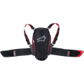 Alpinestars Youth Nucleon Kr-Y rygbeskytter, sort og rød, med en ergonomisk perforeret plade med hvidt logo, røde mesh-sidedetaljer, justerbare skulderstropper og bredt elastisk nyrebælte, motorcykelbeskyttelsesudstyr til unge ryttere