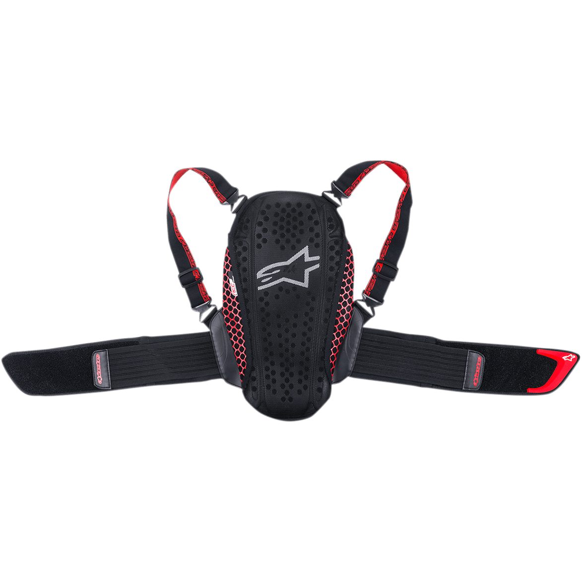 Alpinestars Youth Nucleon Kr-Y rygbeskytter, sort og rød, med en ergonomisk perforeret plade med hvidt logo, røde mesh-sidedetaljer, justerbare skulderstropper og bredt elastisk nyrebælte, motorcykelbeskyttelsesudstyr til unge ryttere