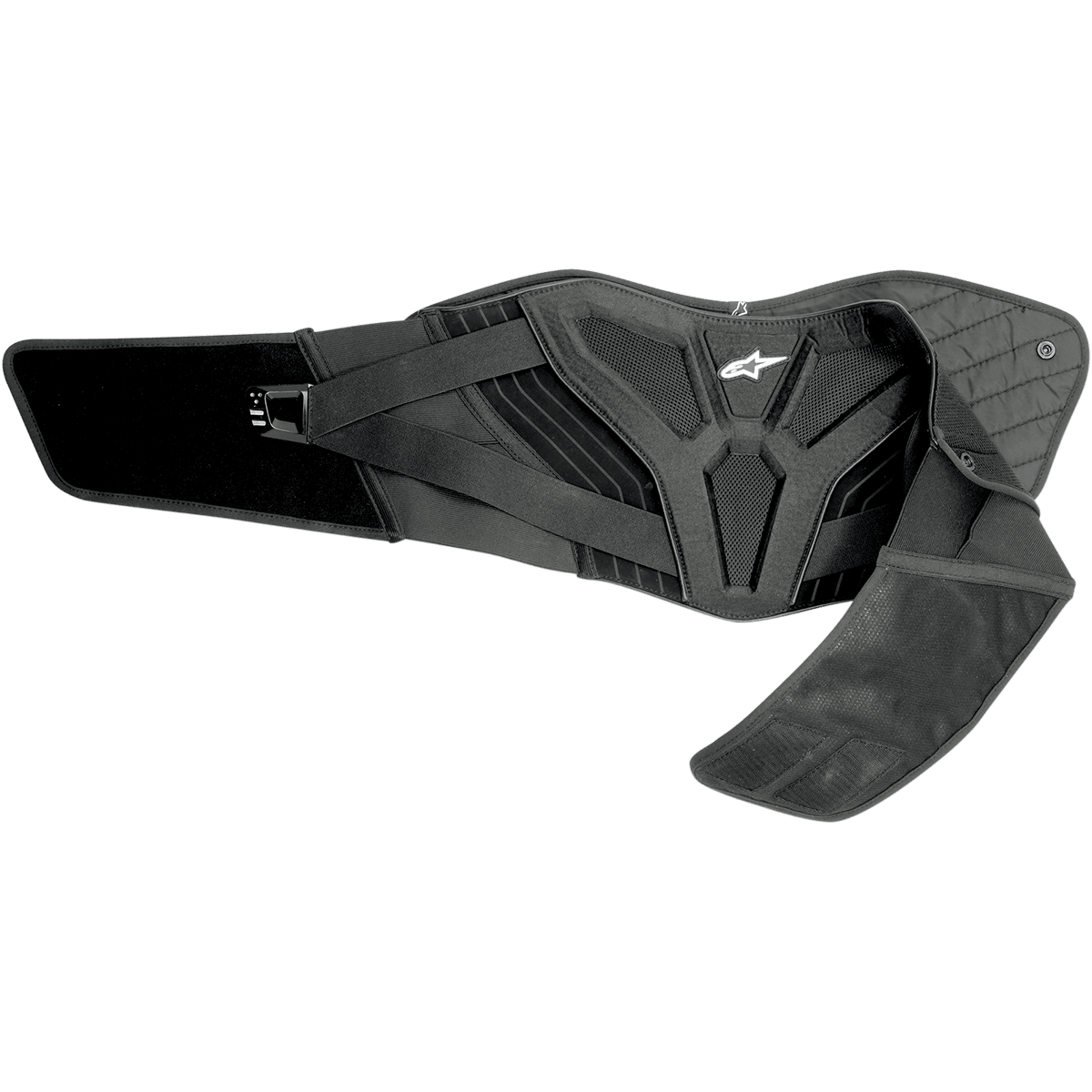 Alpinestars Touring Belt, sort motorcykel-nyrebælte med ergonomisk lændestøtte, quiltet termofor, mesh-paneler til ventilation, dobbelt elastisk linning med hvidt Astars-logo, beskyttelsesudstyr til vej- og adventure-kørsel