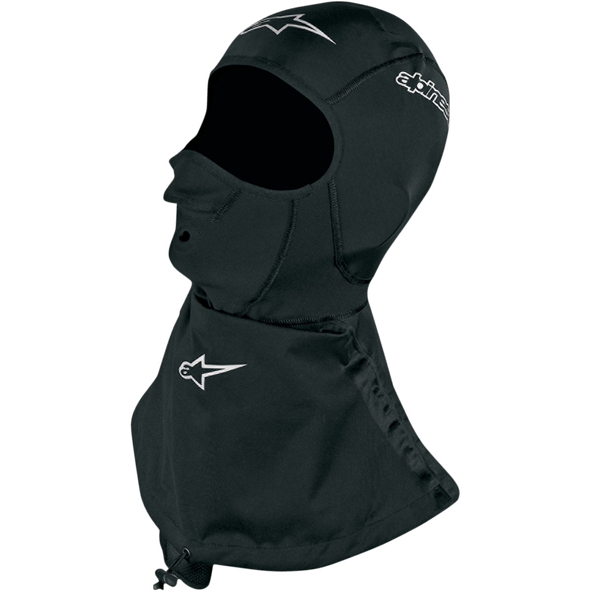 Alpinestars Vinter Touring Balaclava, sort motorcykelbasislag med vandtæt halskrave og hvide logoer.