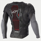 Alpinestars Bionic Plus V2 beskyttelsesjakke, motocross beskyttelsesjakke, sort og antracitgrå med røde honeycomb-detaljer, set bagfra viser Level 2 Nucleon Cell-teknologi rygbeskytter, perforeret mesh-stof og integreret skulder- og albuebeskyttelse.