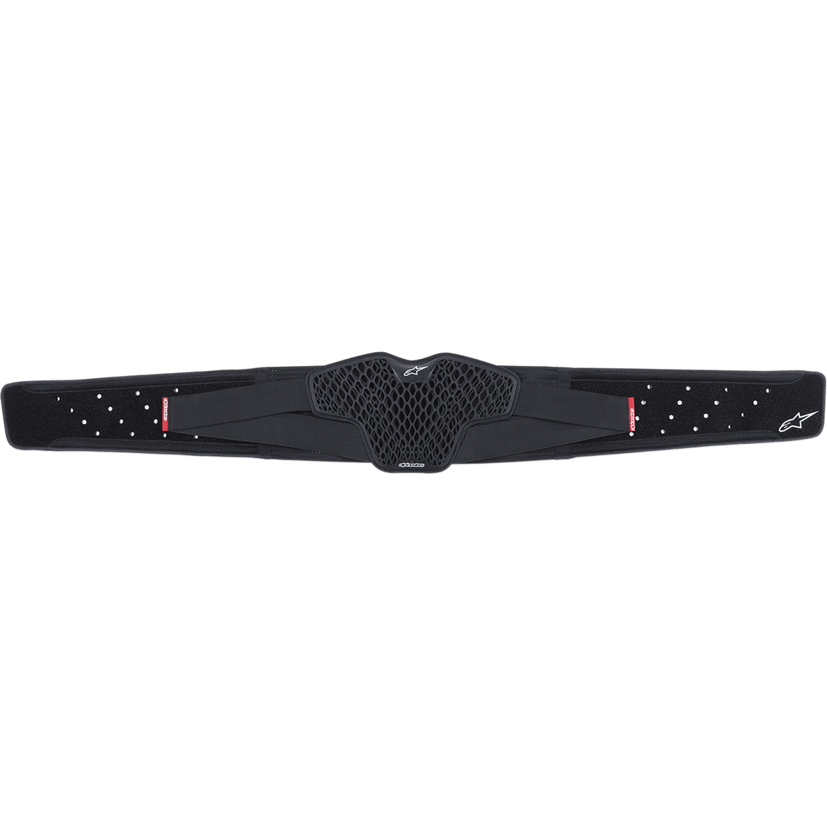 Alpinestars Youth Sequence nyrebælte, sort, med et centralt honningkamemønstret TPR CELL-ventilationspanel, perforerede elastiske stropper med røde labels og hvide Alpinestars-logoer, ergonomisk lændestøtte til unge motocrosskørere