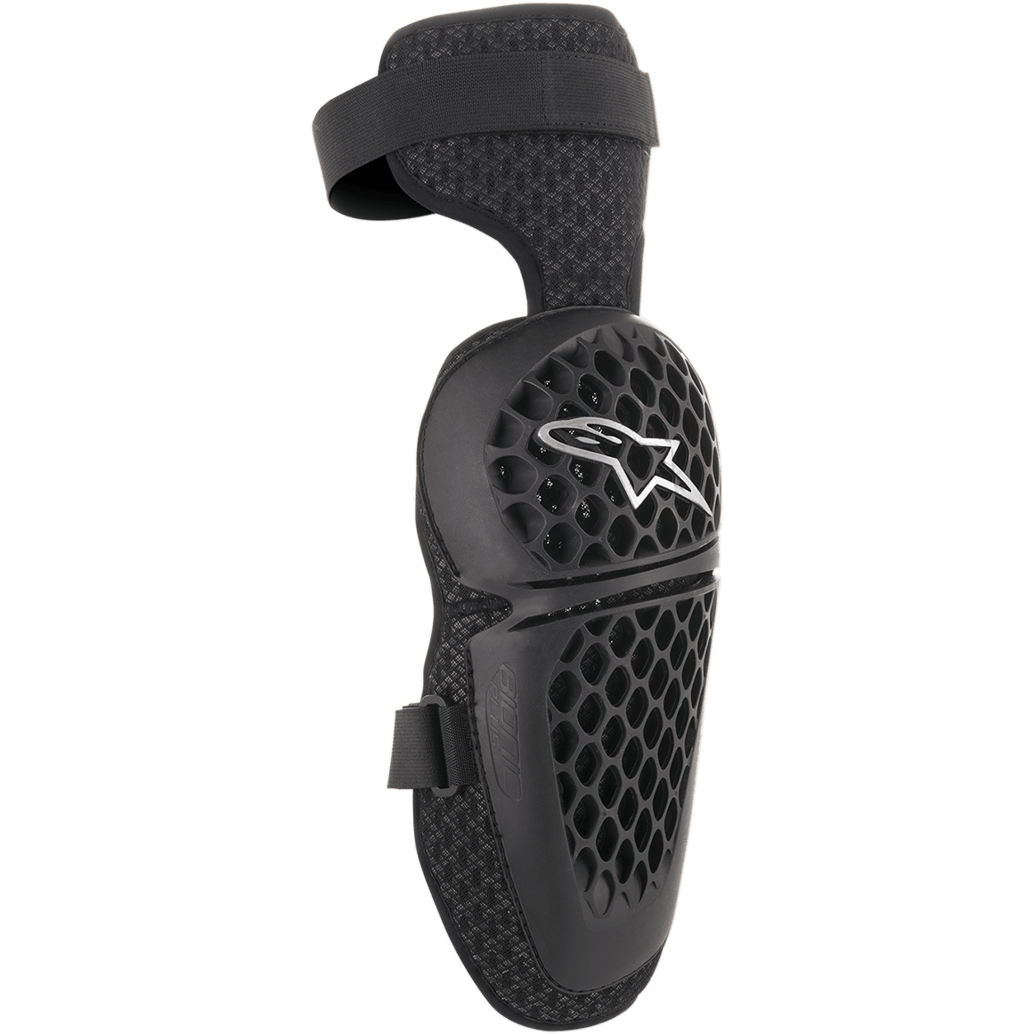 Alpinestars Youth Bionic Plus knæbeskyttere, sort, beskyttelse til motocross og off-road, skal med honeycomb-mønster og hvidt stjernelogo, justerbar lukning med to remme, 3D mesh-bagside for ventilation
