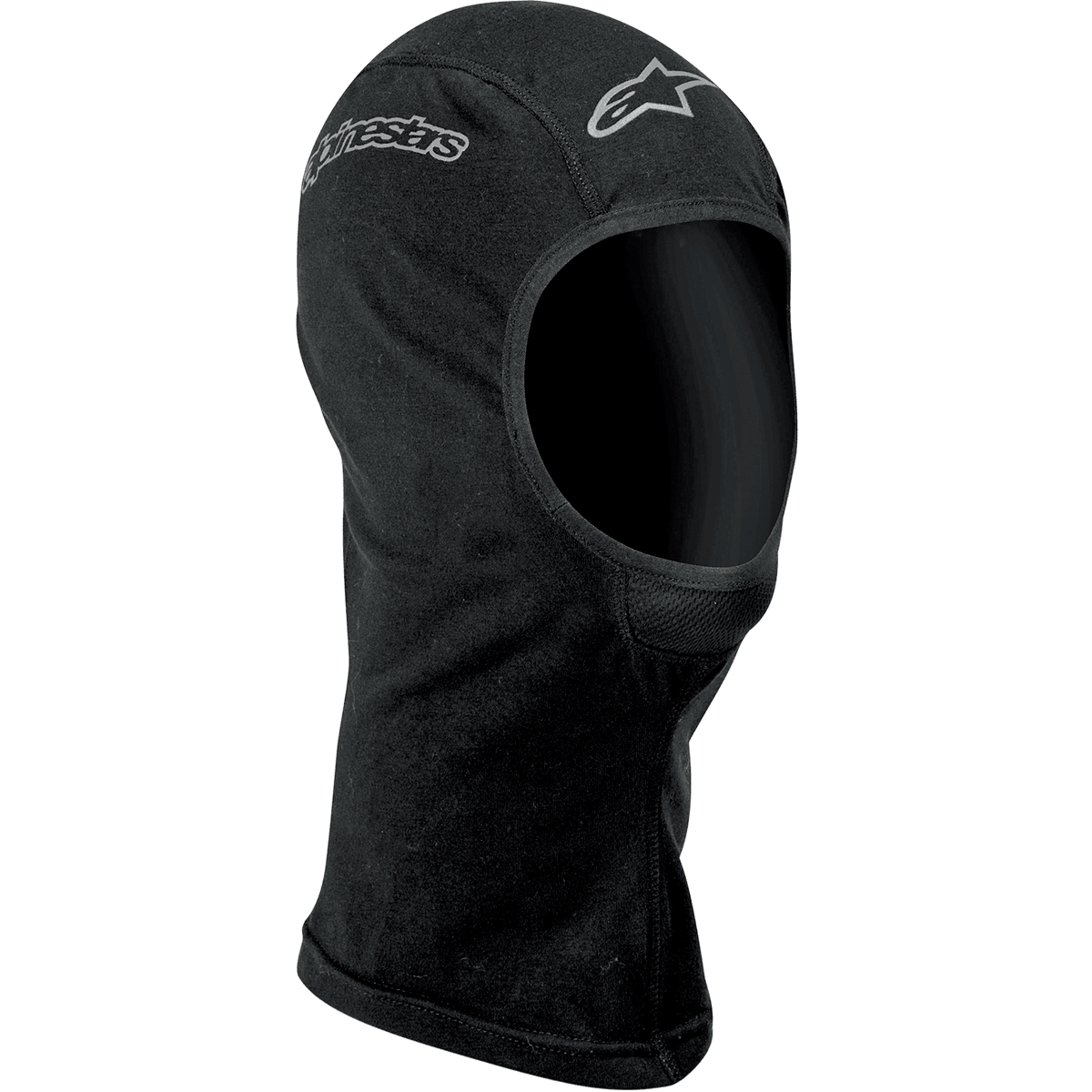Alpinestars Open-Face balaclava, motorcykel base layer, sort, med sølvfarvede Alpinestars-logoer på panden og siden, blødt fugttransporterende stof med flade sømme og forlænget hals for ekstra dækning