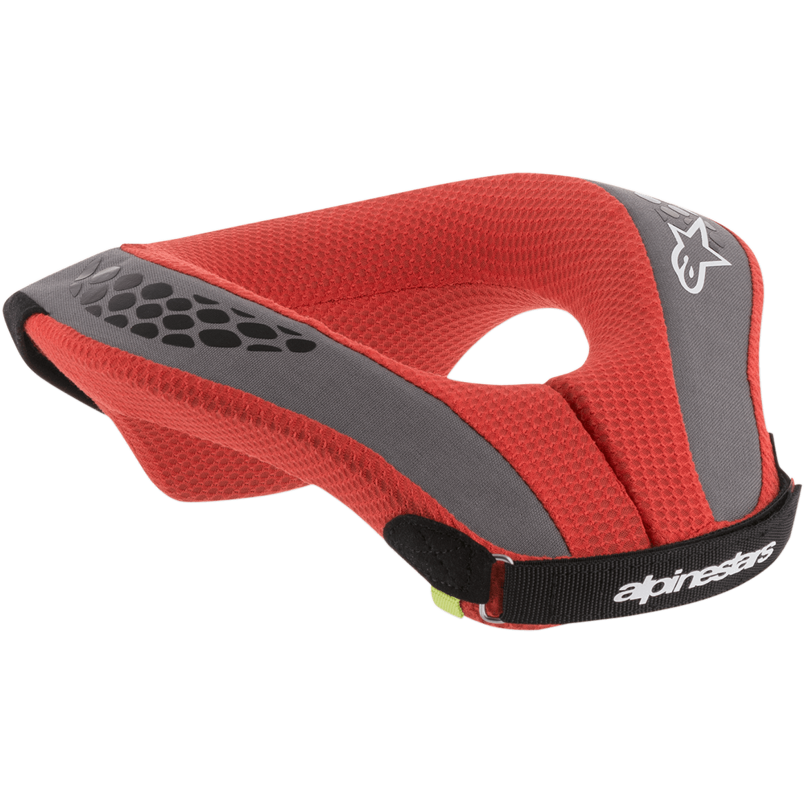 Alpinestars Youth Sequence Neck Roll, motocross-nakkebeskyttelse, rød og grå, med rød mesh-polstring, grå detaljer og sort rem, hvide branding- og logodetaljer, ergonomisk beskyttelse til unge kørere