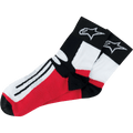 Alpinestars Road Racing Socks Over-Ankle, motorcykelracerstrømper, sort, hvid og rød, med hvidt stjernelogo på den sorte kant, sorte striber på den hvide foddel, røde paneler, atletisk performance-design til motorsport