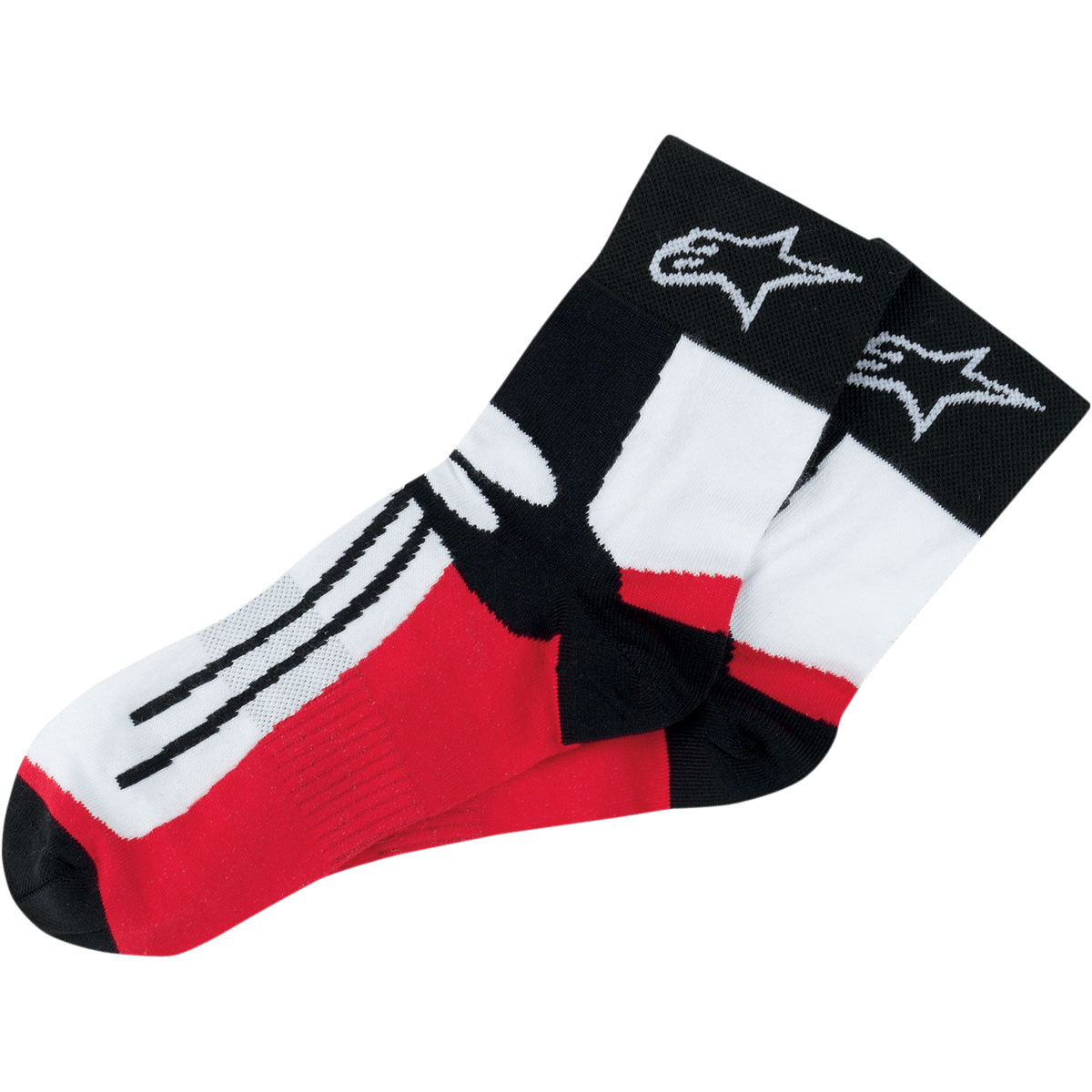 Alpinestars Road Racing Socks Over-Ankle, motorcykelracerstrømper, sort, hvid og rød, med hvidt stjernelogo på den sorte kant, sorte striber på den hvide foddel, røde paneler, atletisk performance-design til motorsport