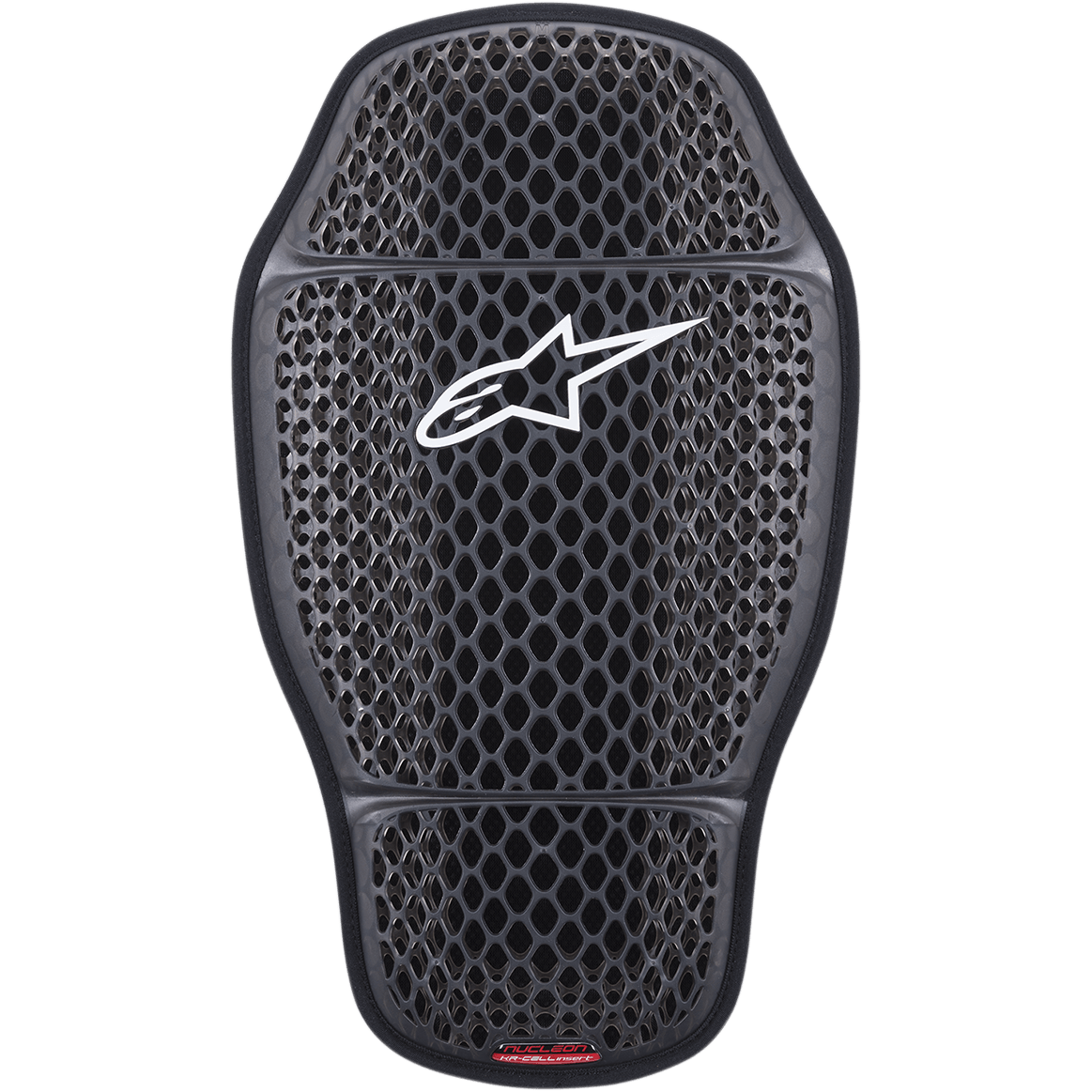 Alpinestars Nucleon KR-CELLi rygbeskyttelsesindsats, rygbeskytter til motorcykel, transparent røggrå, bikubemønster mesh-design med hvidt Alpinestars-logo, ergonomisk kontureret form, tredelt leddelt skal for maksimal luftgennemstrømning