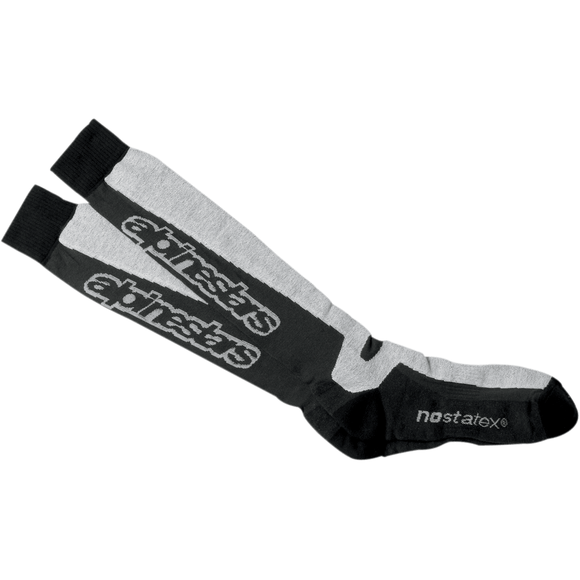 Alpinestars Thermal Tech Socks, knæhøje motorcykelstrømper, sort og grå, teknisk fugtafledende strik med Nostatex-teknologi og Alpinestars-logo