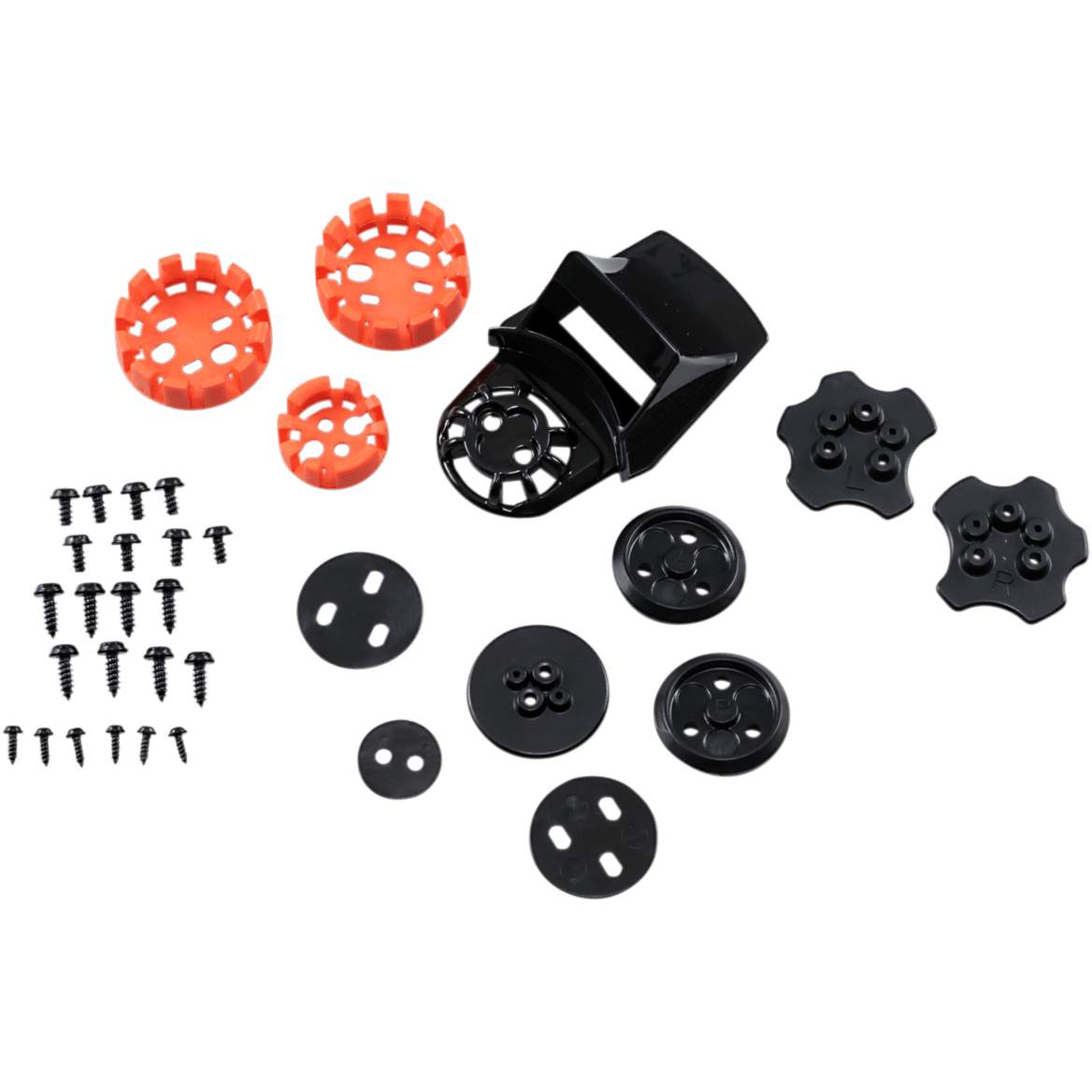 Alpinestars Supertech M10/M8 hjelm visir connector sæt, sort og orange, reservedelssæt bestående af forskellige sorte plastikbeslag, orange runde forbindelsesdele og metalskruer, designet til sikker fastgørelse af visiret på motocross-hjelme