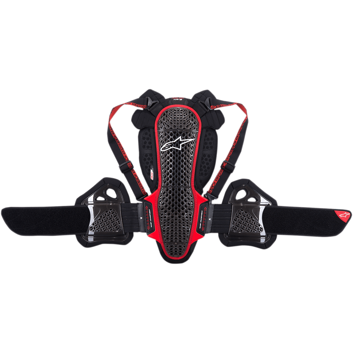 Alpinestars Nucleon KR-3 rygbeskytter, motorcykel rygbeskytter, Smoke sort og rød, med et ergonomisk gitterstruktur-skaldesign med hvidt logo, justerbare skulderstropper og et bredt nyrebælte med side-ribbensbeskyttelse, designet til stødabsorbering og åndbarhed.