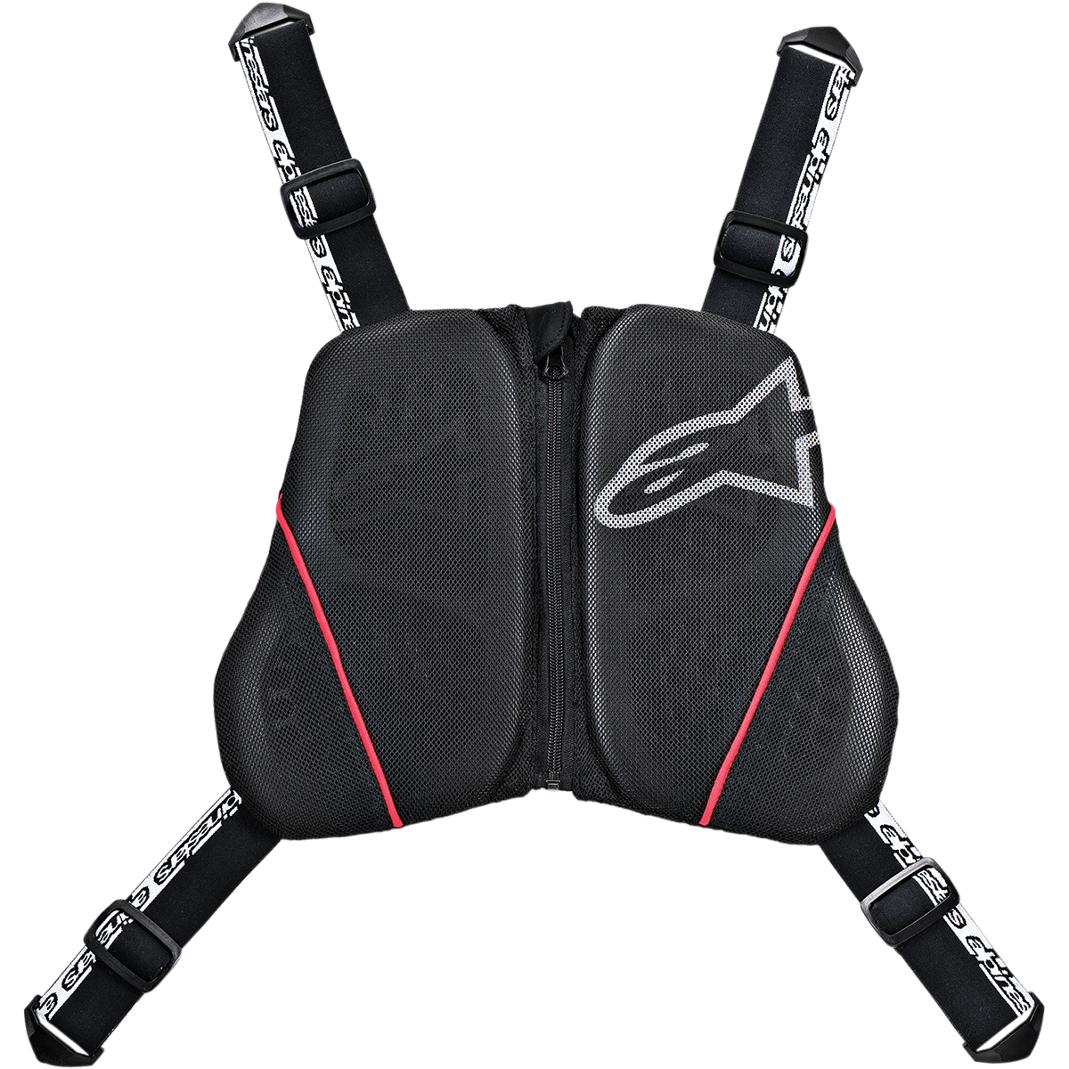 Alpinestars Nucleon KR-C brystsele, brystbeskytter til motorcykel, sort med røde detaljer og hvidt logo, ventilerede mesh-paneler med central lynlås, justerbare sorte stropper med hvid branding, førsteklasses beskyttelsesudstyr til landevejskørsel