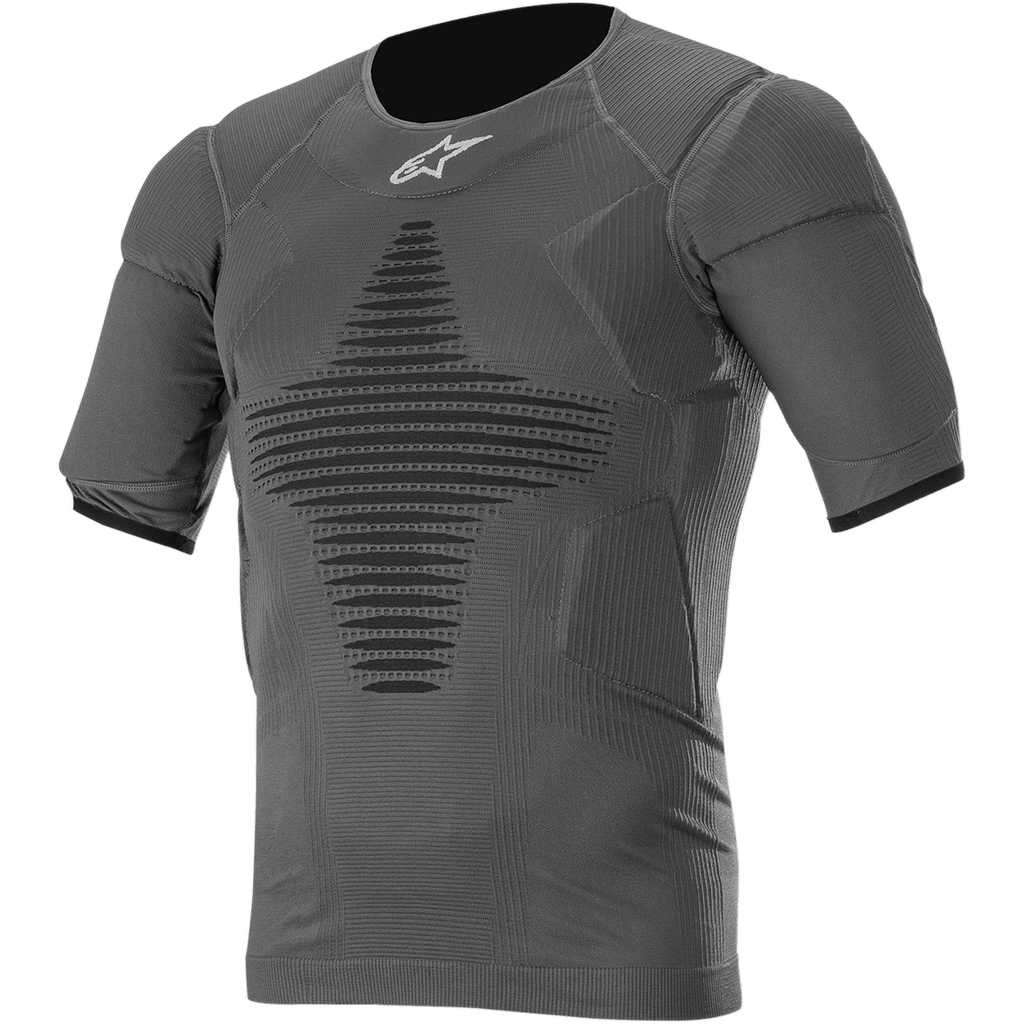 Alpinestars Roost basislag-top, antracitgrå sort kortærmet performance-trøje, tekstureret ribstof med sort geometrisk mønster, tætsiddende atletisk design til motocross og terrænkørsel