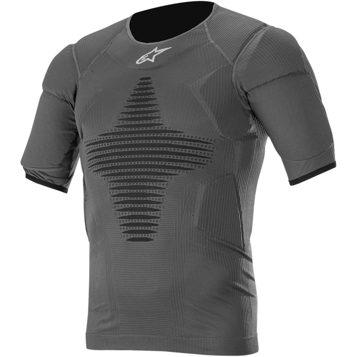 Alpinestars Roost basislag-top, antracitgrå sort kortærmet performance-trøje, tekstureret ribstof med sort geometrisk mønster, tætsiddende atletisk design til motocross og terrænkørsel